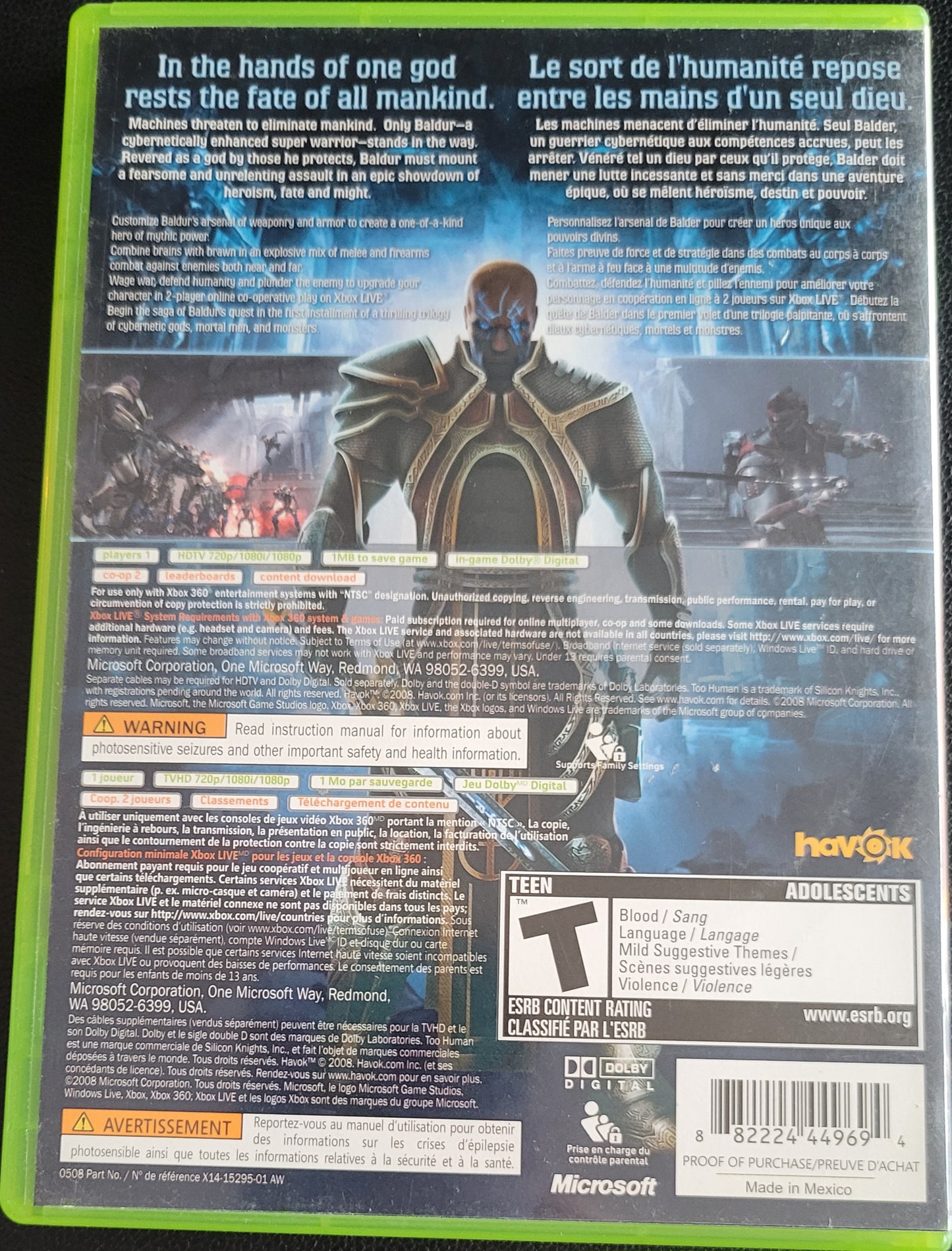 Too Human - Microsoft XBOX 360 - MINTY CIB Pre-Owned Great Shape Tested & Working