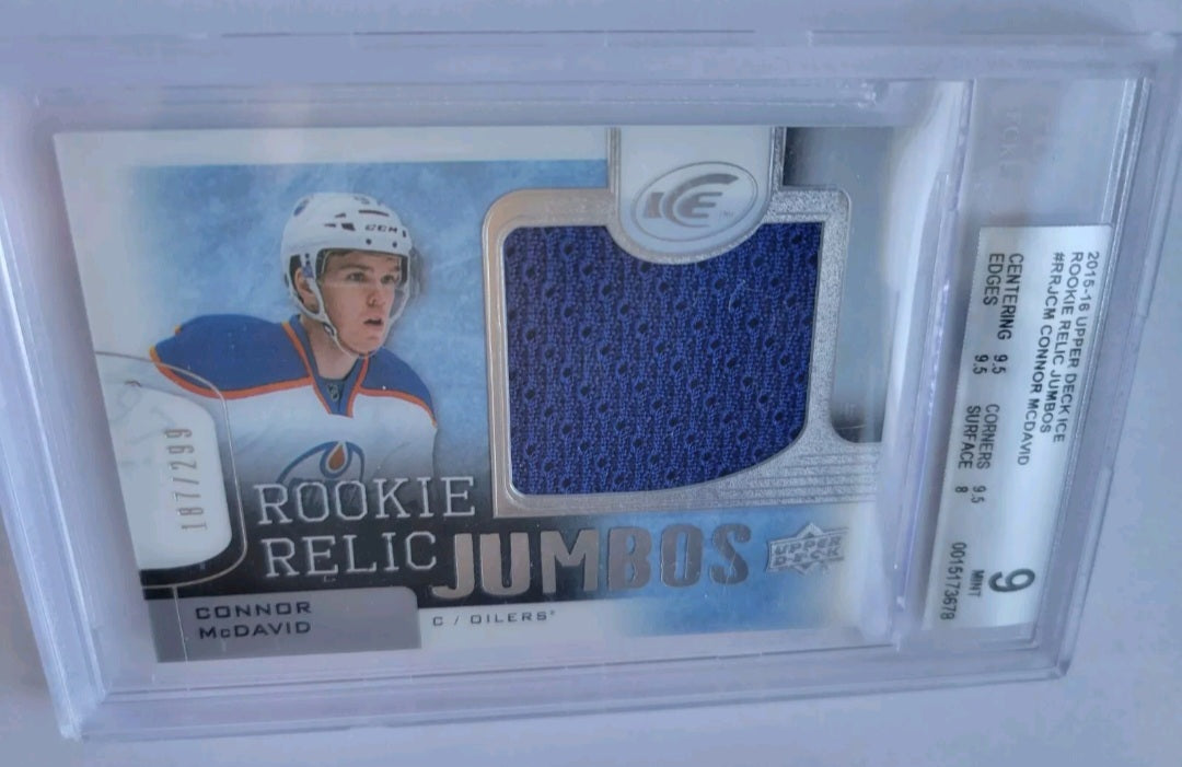 2015 2016 CONNOR MCDAVID ROOKIE RELIC JUMBOS UD ICE 187/299 BGS GRADED 9 MINT