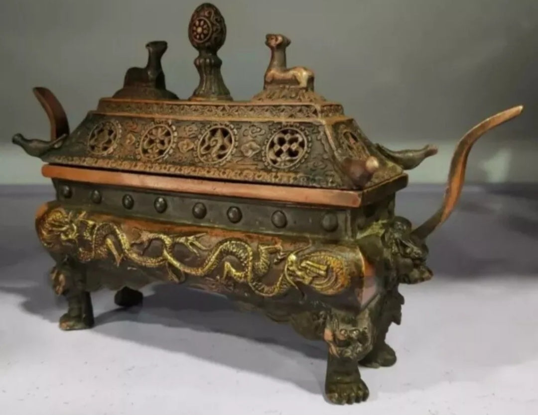 1980's Old Hand Style Ornate Copper Incense Burner With Dragon Inlays Minor Wear