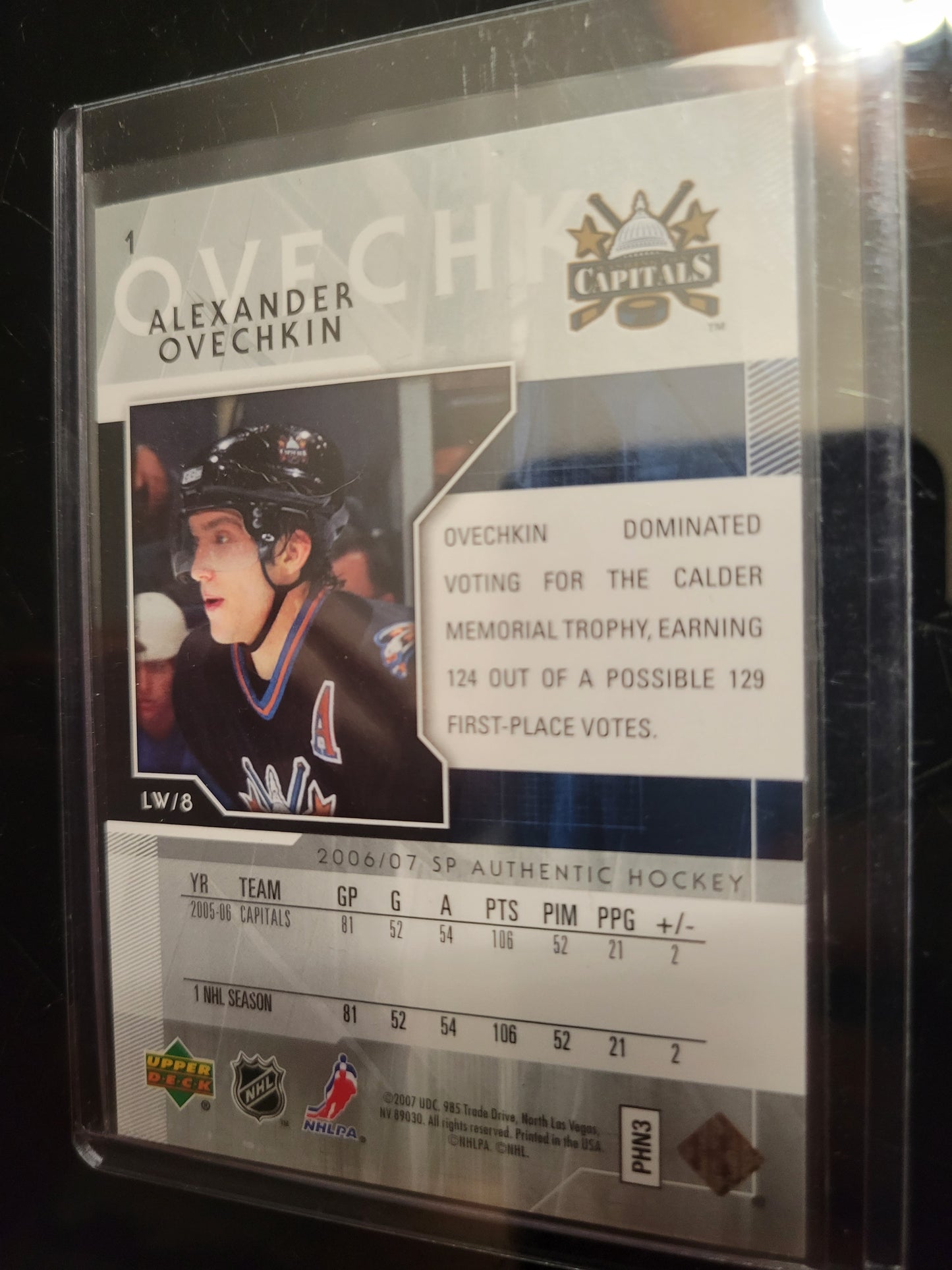 2007 ALEXANDER OVECHKIN 2nd Year Washington Capitals SP Authentic # 1 UD Upper Deck NHL Hockey Card Great Shape Soft + Top Loader Since New Smoke Pet Free Home Great Collector's