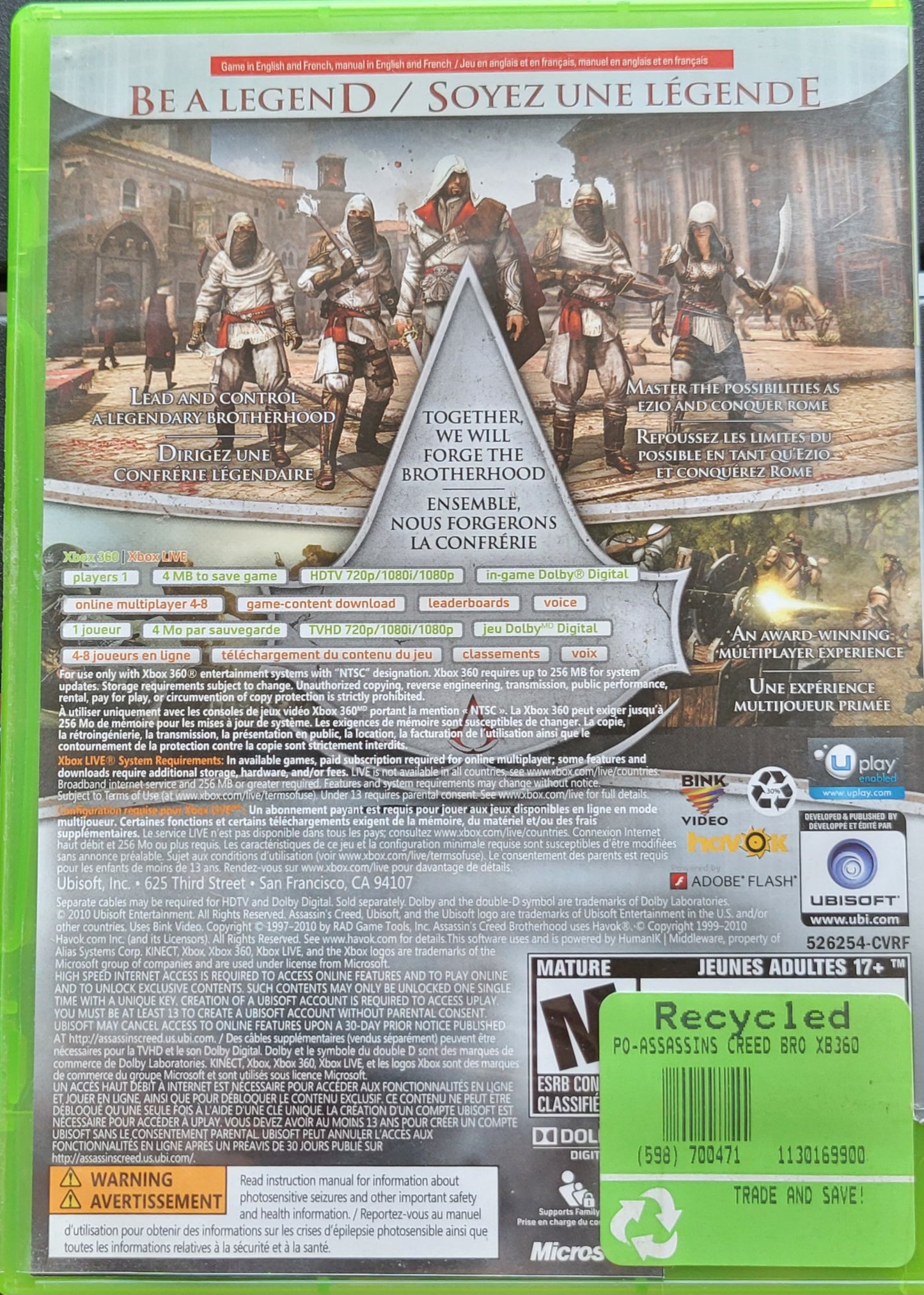 Assassin's Creed BROTHERHOOD Microsoft XBOX - CIB Pre-Owned Great Shape Tested & Working