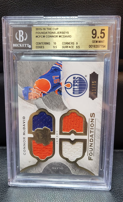 11/75!! ROOKIE QUAD PATCH 2015 2016 CONNOR MCDAVID CF-CM THE CUP FOUNDATIONS LOW POP 2 9.5 GEM MINT!