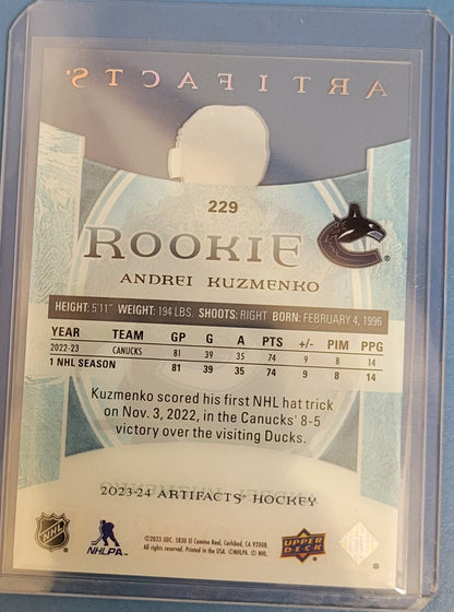 2023 - 24 Artifacts Andrei Kuzmenko ROOKIE INSERT Soft + Top Loader Included MINT