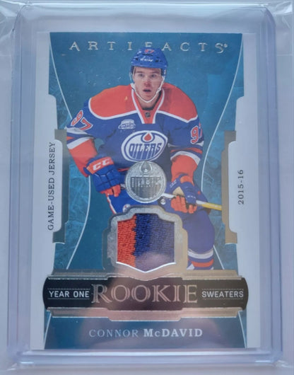 2015 2016 CONNOR MCDAVID ARTIFACTS HOCKEY YEAR ONE ROOKIE SWEATERS GAME USED BGS 9 MINT