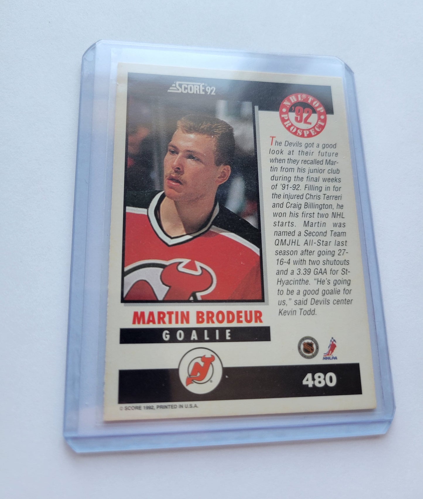 1992 Score MARTIN BRODEUR Rookie NHL Top Prospect Goalie # 480 Great Shape Smoke Free / Pet Free Home Soft + Top Loader Protection Included