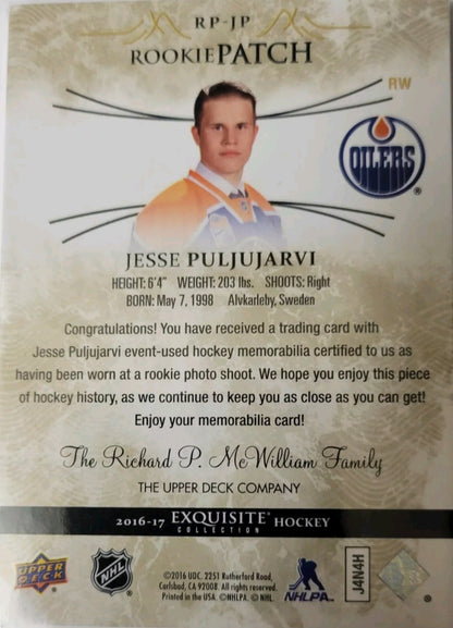 2016 - 2017 JESSEE PULJUJARVI Exquisite ROOKIE Patch 12/25 In  Existence! MINT