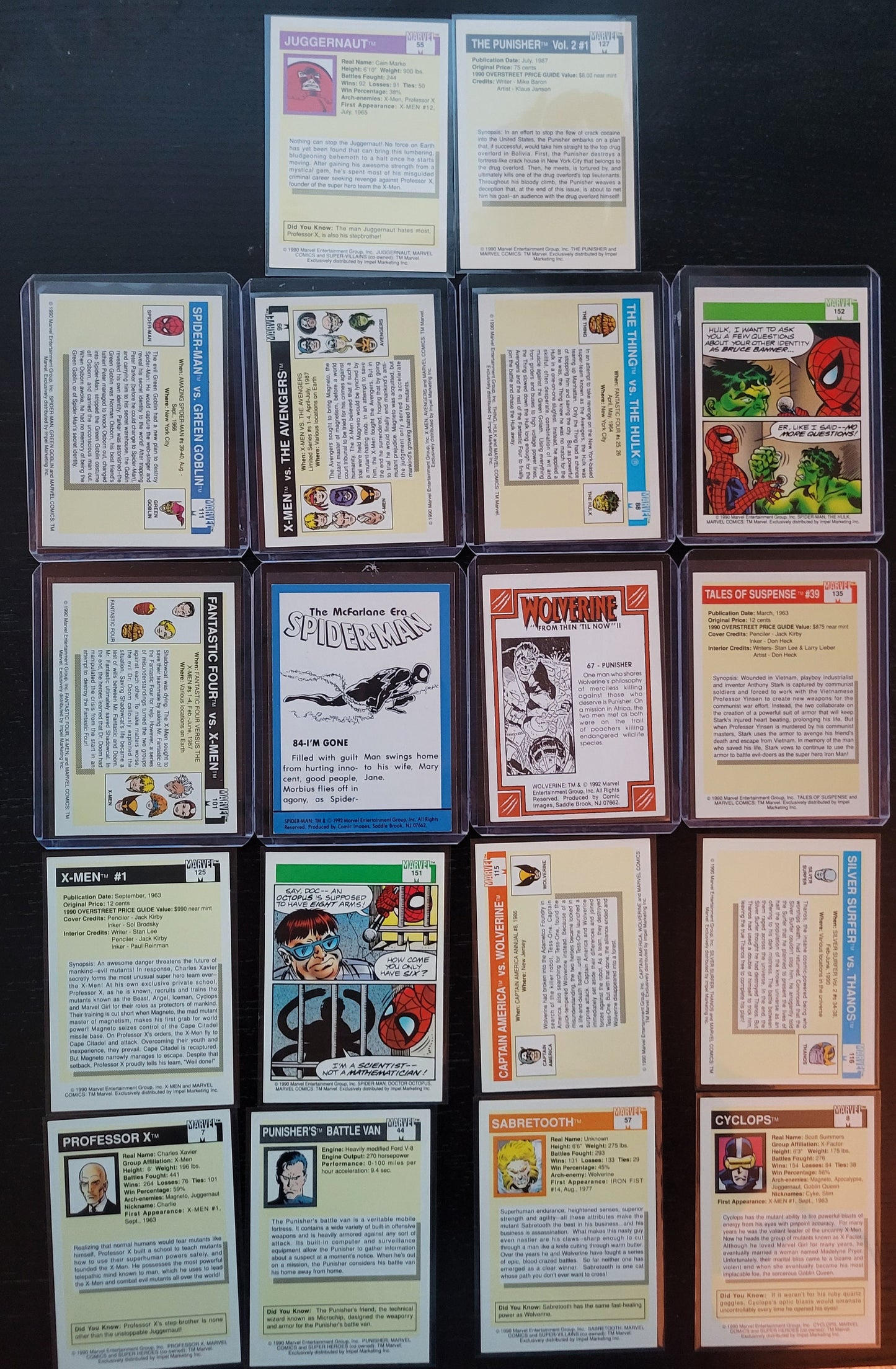 18 1st EDITION Marvel Cards 90 91 Only Super Rare Base Set Spider-Man Captain America Punisher HULK Wolverine First Time Ever Seen On Cards!