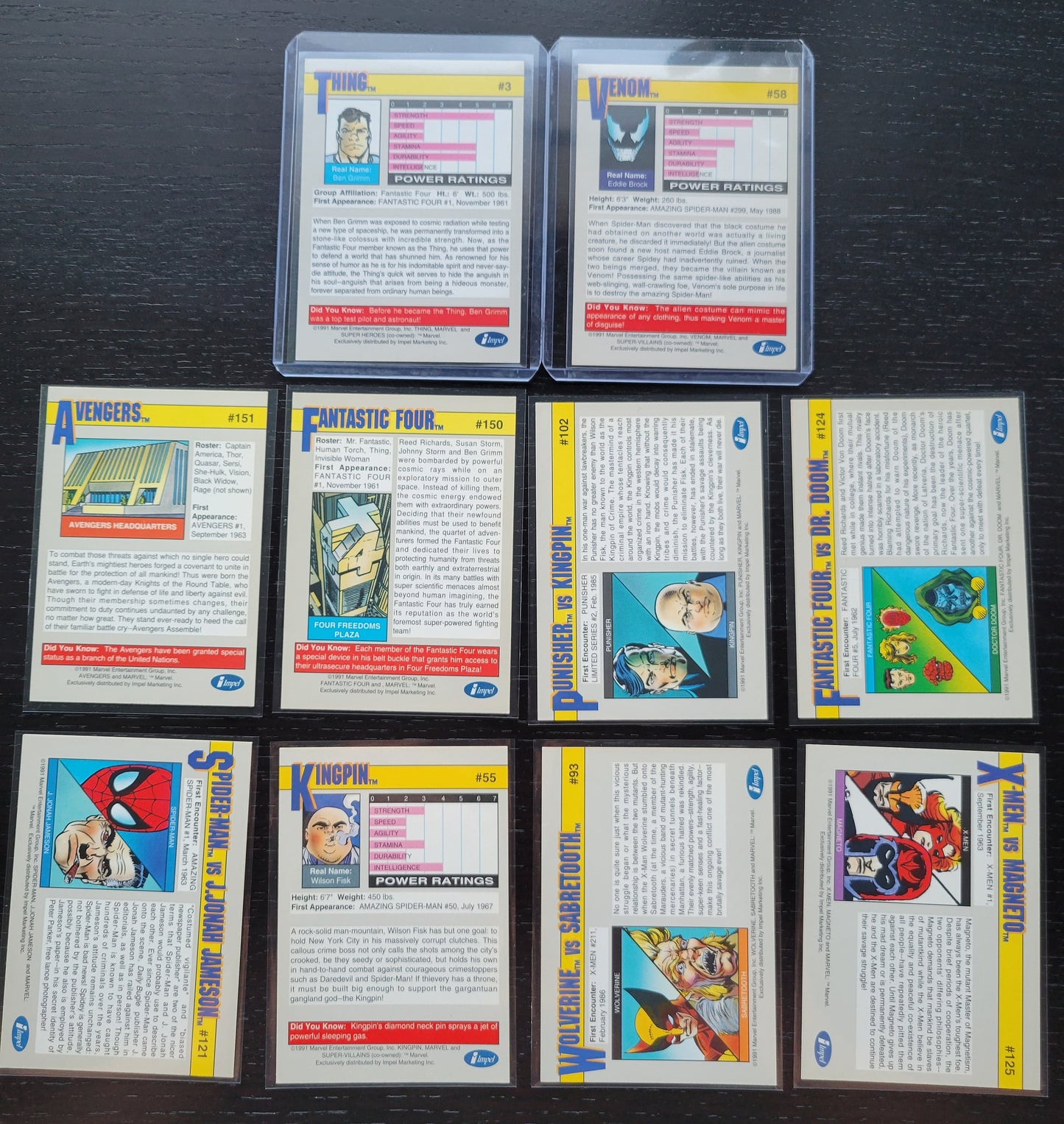 2ND EDITION Marvel Cards 1991 One & Only Extremely Rare Set Thing + VENOM Absolutely Mint Condition Worth Grading AUTHENTIC 10 Card Set