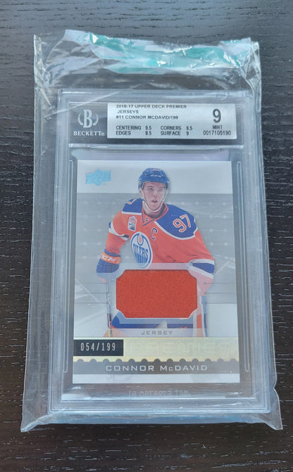 2016 CONNOR MCDAVID ROOKIE PREMIER HOCKEY LIMITED EDITION 54/199 GAME USED PATCH BGS 9 MINT