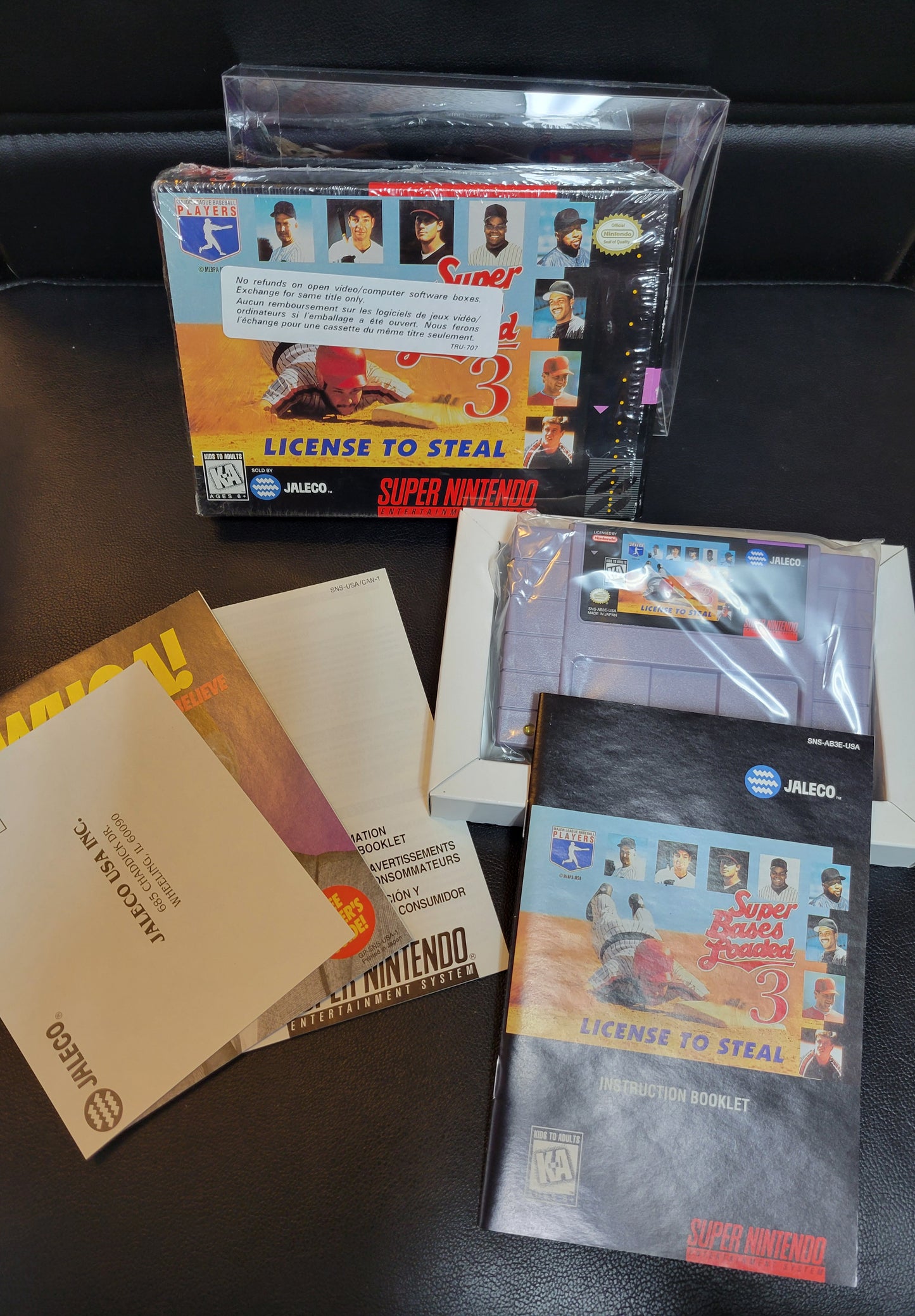 Super Bases Loaded 3: License to Steal (SNES) FACTORY PLASTIC (CIB) - Pristine Condition - NTSC Cartridge + Protector