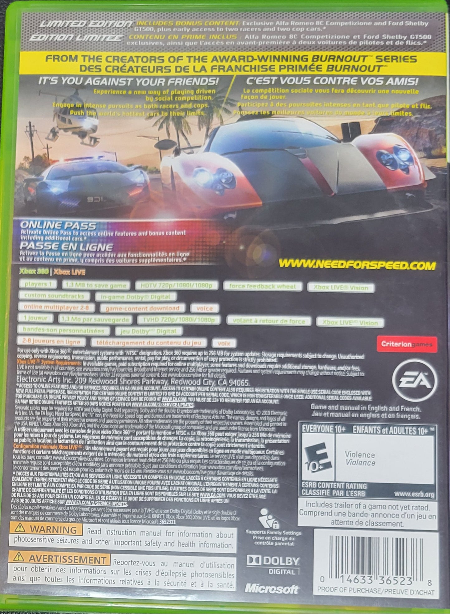 Need for Speed Hot Pursuit LIMITED EDITION – Microsoft Xbox 360 CIB – Clean Disc – RE-SEALED (2010)