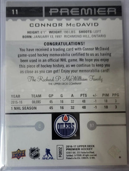 2016 CONNOR MCDAVID ROOKIE PREMIER HOCKEY LIMITED EDITION 54/199 GAME USED PATCH BGS 9 MINT