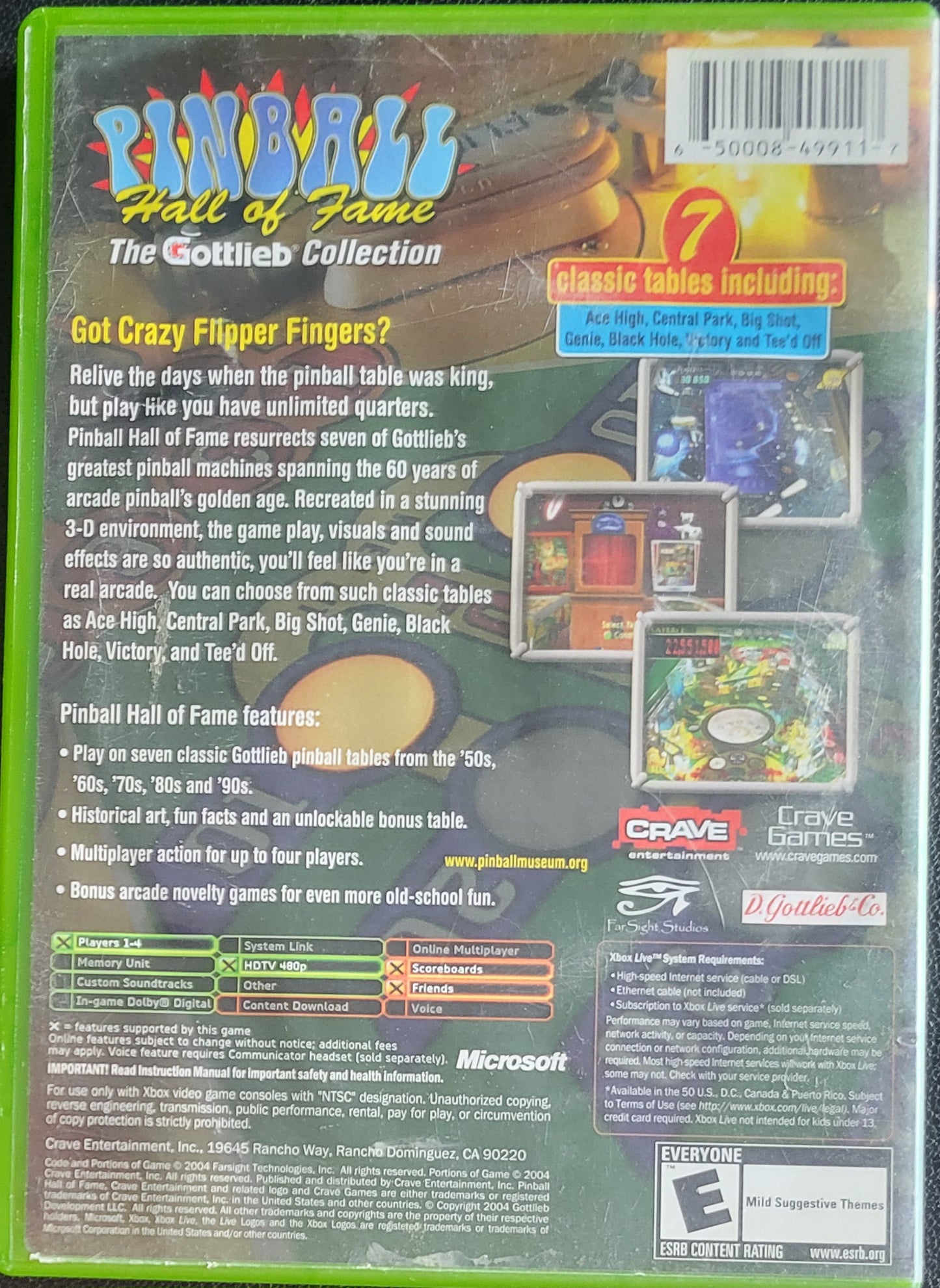 Pinball Hall Of FameThe Gottlieb Collection - (CIB) OG Microsoft XBOX  Pre-Owned Great Shape Tested & Working CLEAN DISC