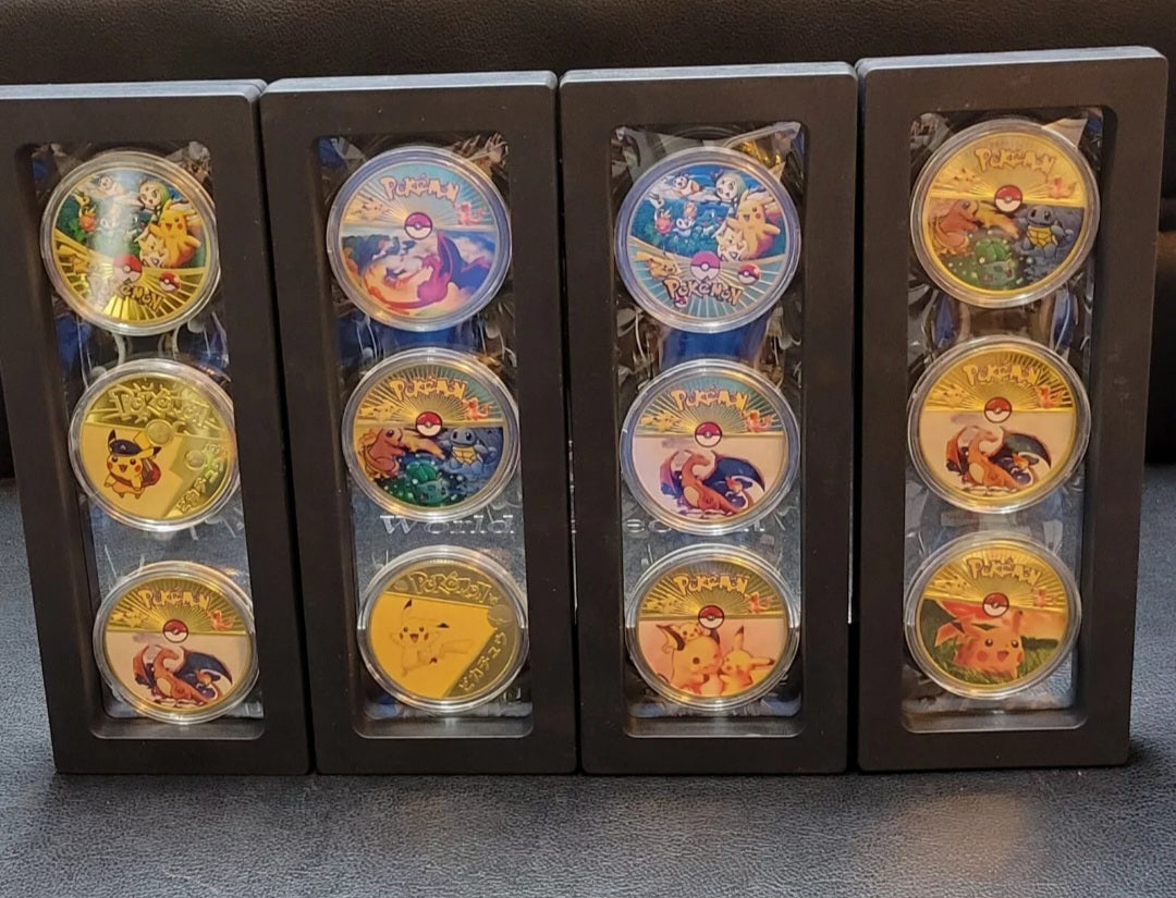 24k Gold Plated Pokémon Coin Set Of 12 Plus Protective Display Case Like New ***