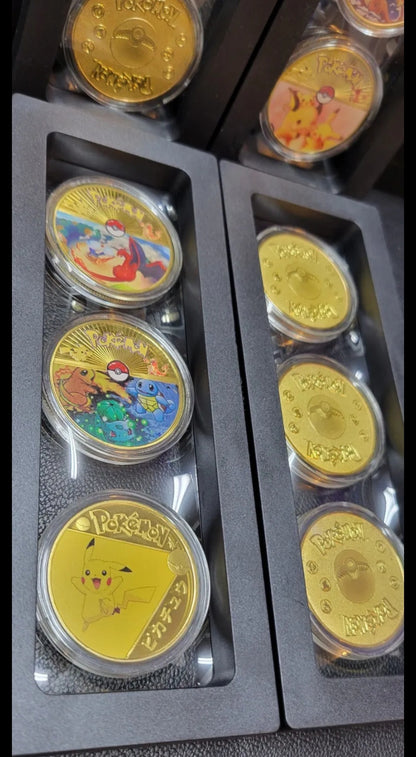 24k Gold Plated Pokémon Coin Set Of 12 Plus Protective Display Case Like New ***