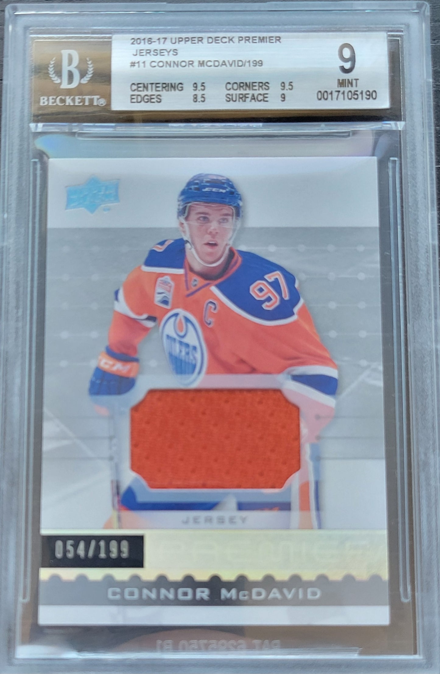 2016 CONNOR MCDAVID ROOKIE PREMIER HOCKEY LIMITED EDITION 54/199 GAME USED PATCH BGS 9 MINT