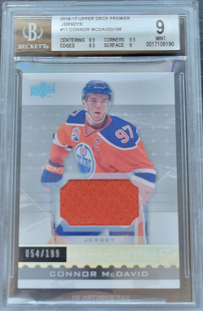 2016 CONNOR MCDAVID ROOKIE PREMIER HOCKEY LIMITED EDITION 54/199 GAME USED PATCH BGS 9 MINT