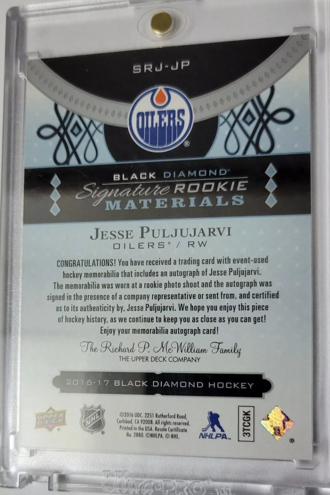 2016 17 JESSE PULJUJARVI BLACK DIAMOND SIGNATURE ROOKIE MATERIALS 34/99 LIMITED!