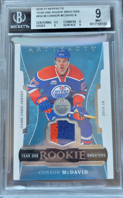 2015 2016 CONNOR MCDAVID ARTIFACTS HOCKEY YEAR ONE ROOKIE SWEATERS GAME USED BGS 9 MINT