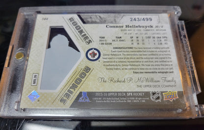 Connor Hellebuyck UD SPX Auto Dual Patch 243/499 MRL39 NHL Hockey Card Great Condition Smoke / Pet Free Home Soft + Top Loader Included