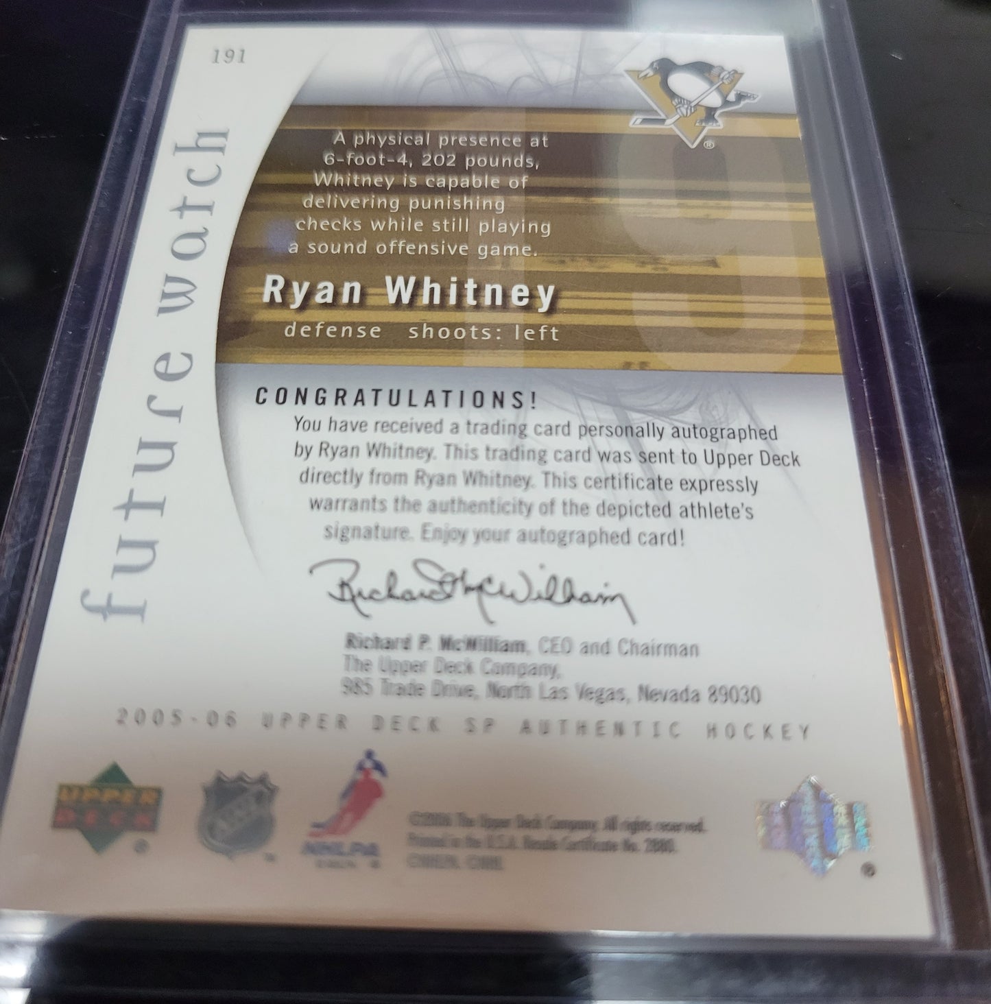 2005 06' Ryan Whitney UD SP Authentic Future Watch AUTOGRAPH #191 574/999 Pittsburgh Penguins