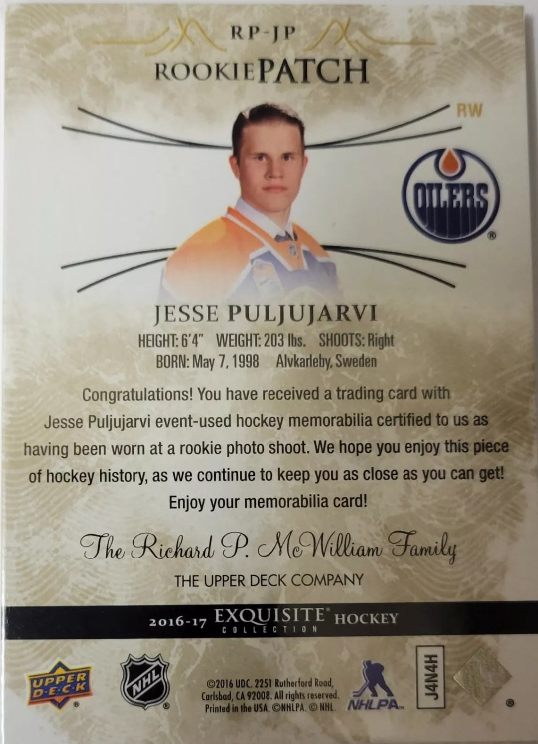 2016 - 2017 JESSEE PULJUJARVI Exquisite ROOKIE Patch 12/25 In  Existence! MINT