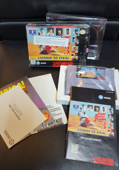 Super Bases Loaded 3: License to Steal (SNES) FACTORY PLASTIC (CIB) - Pristine Condition - NTSC Cartridge + Protector