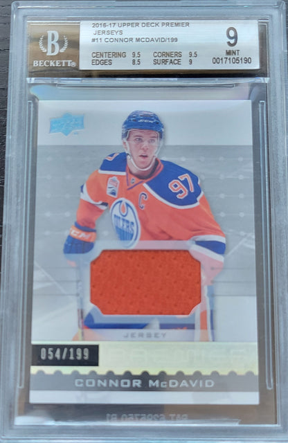 2016 CONNOR MCDAVID ROOKIE PREMIER HOCKEY LIMITED EDITION 54/199 GAME USED PATCH BGS 9 MINT