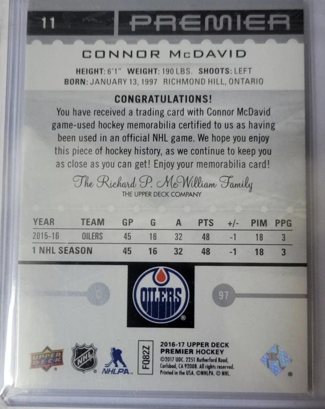 2016 CONNOR MCDAVID ROOKIE PREMIER HOCKEY LIMITED EDITION 54/199 GAME USED PATCH BGS 9 MINT