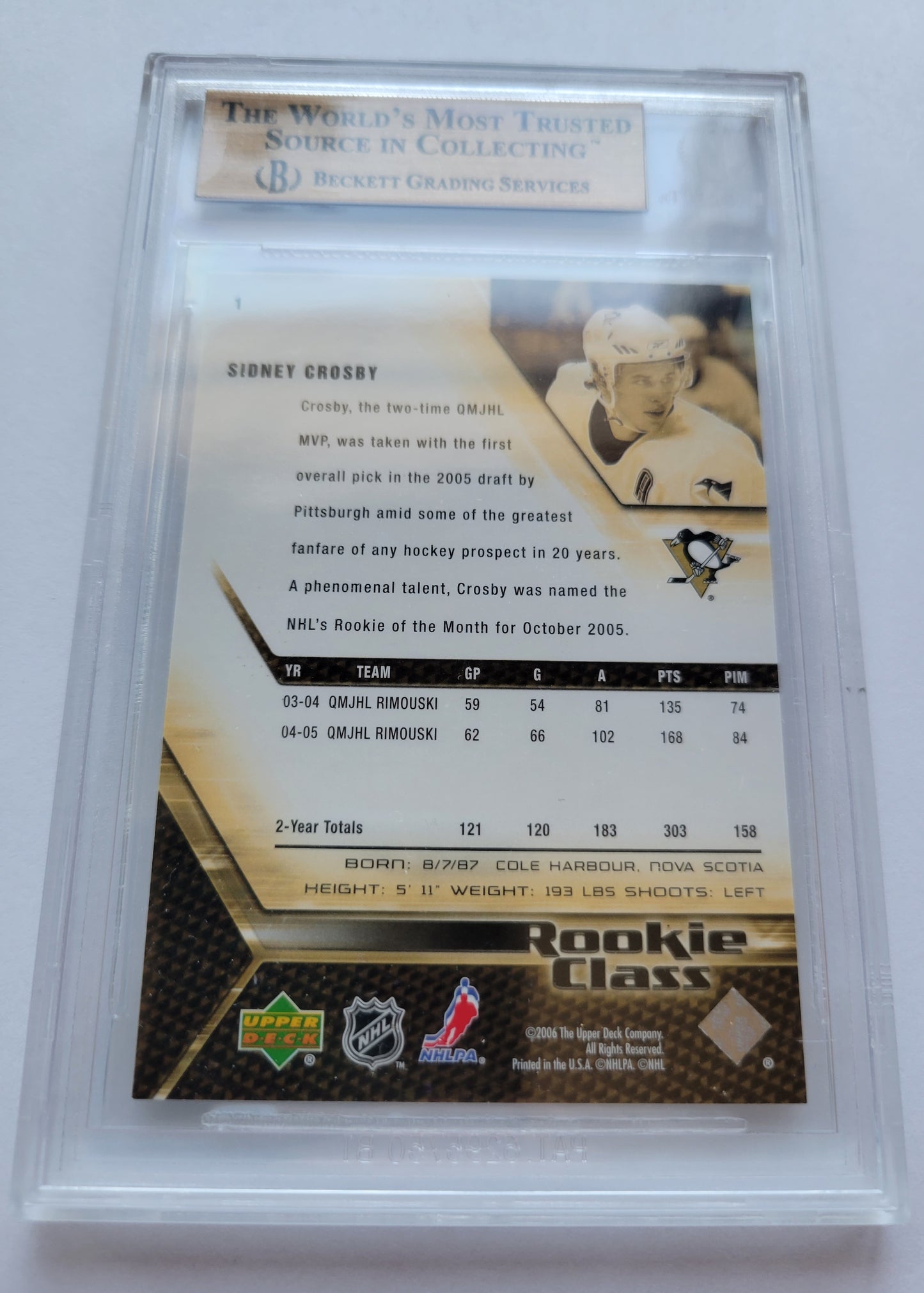 2005 06' Sidney Crosby Rookie Class GEM MINT ROOKIE Upper Deck Black Diamond Bgs 9.5 Rc 193