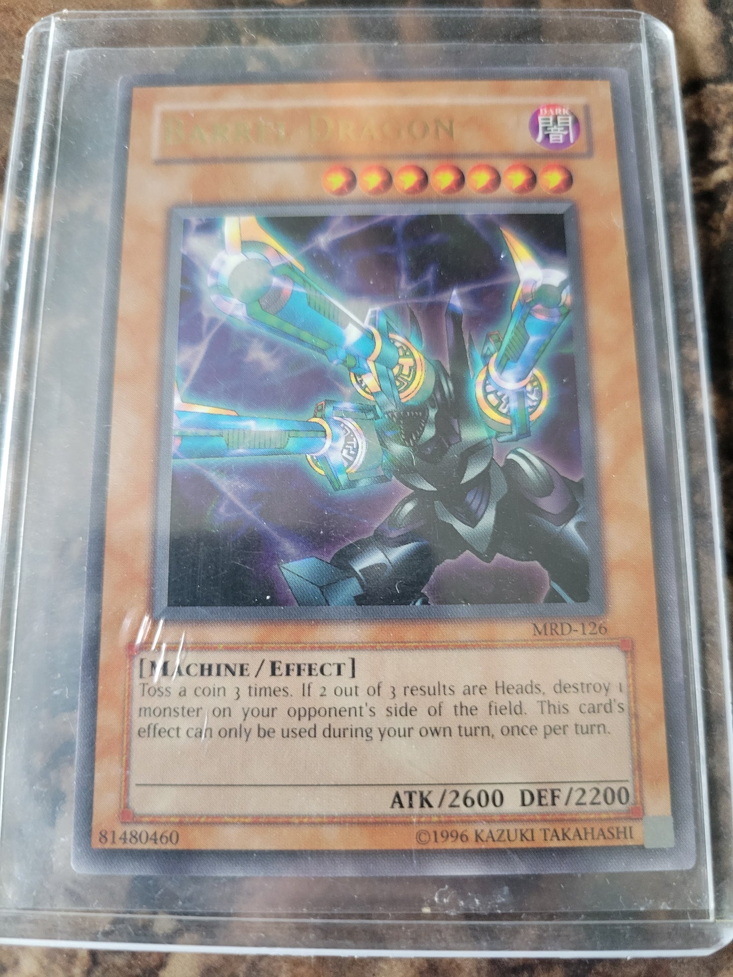 Authentic 1999 Edition MRD-126 "Barrel Dragon" Yugioh Card Ultra Rare Holographic Limited Edition Near Mint Plastic Sleeve Since New