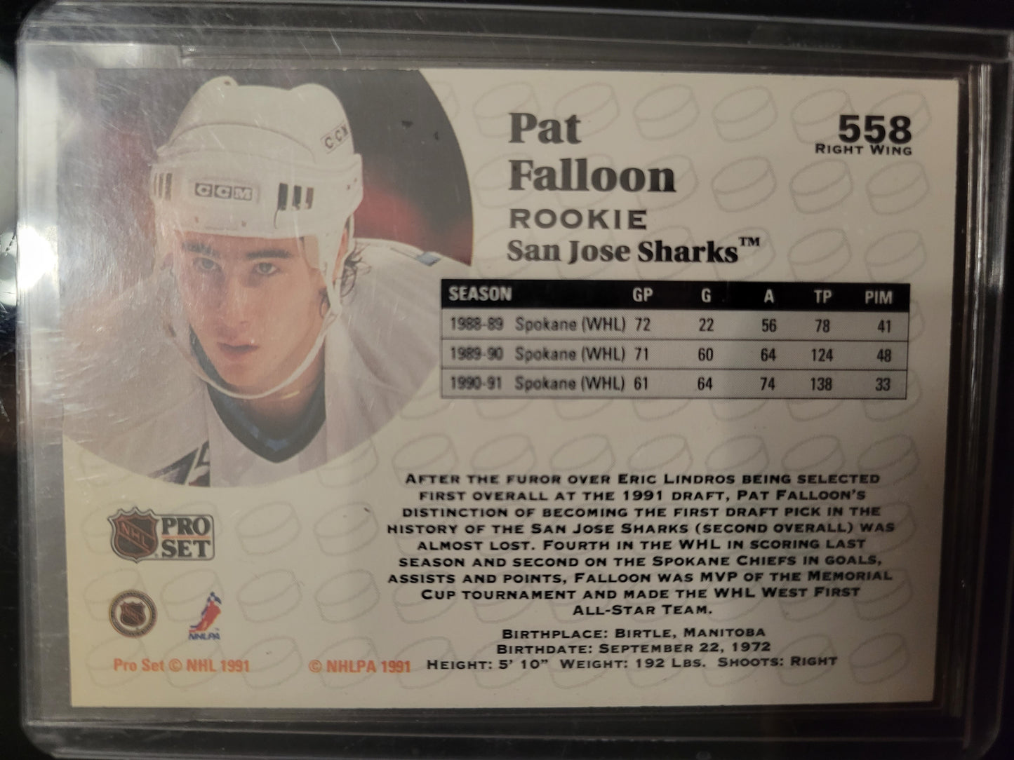 SIGNED ROOKIE PAT FALOON 1990 Edmonton Oilers Pro-Set NHL Hockey Card Great Shape Soft + Top Loader Since New Smoke Pet Free Home Great Collector's