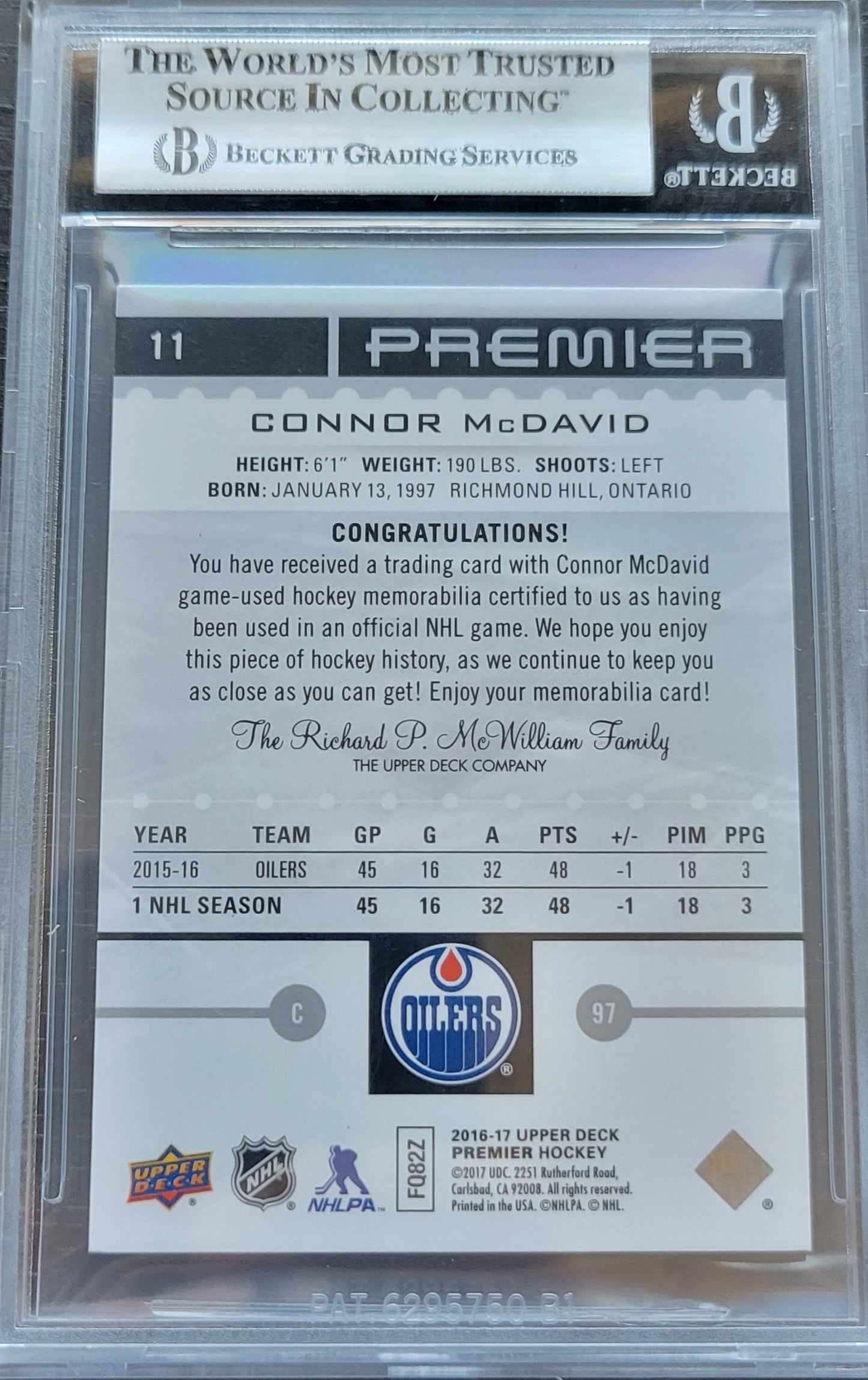 2016 CONNOR MCDAVID ROOKIE PREMIER HOCKEY LIMITED EDITION 54/199 GAME USED PATCH BGS 9 MINT