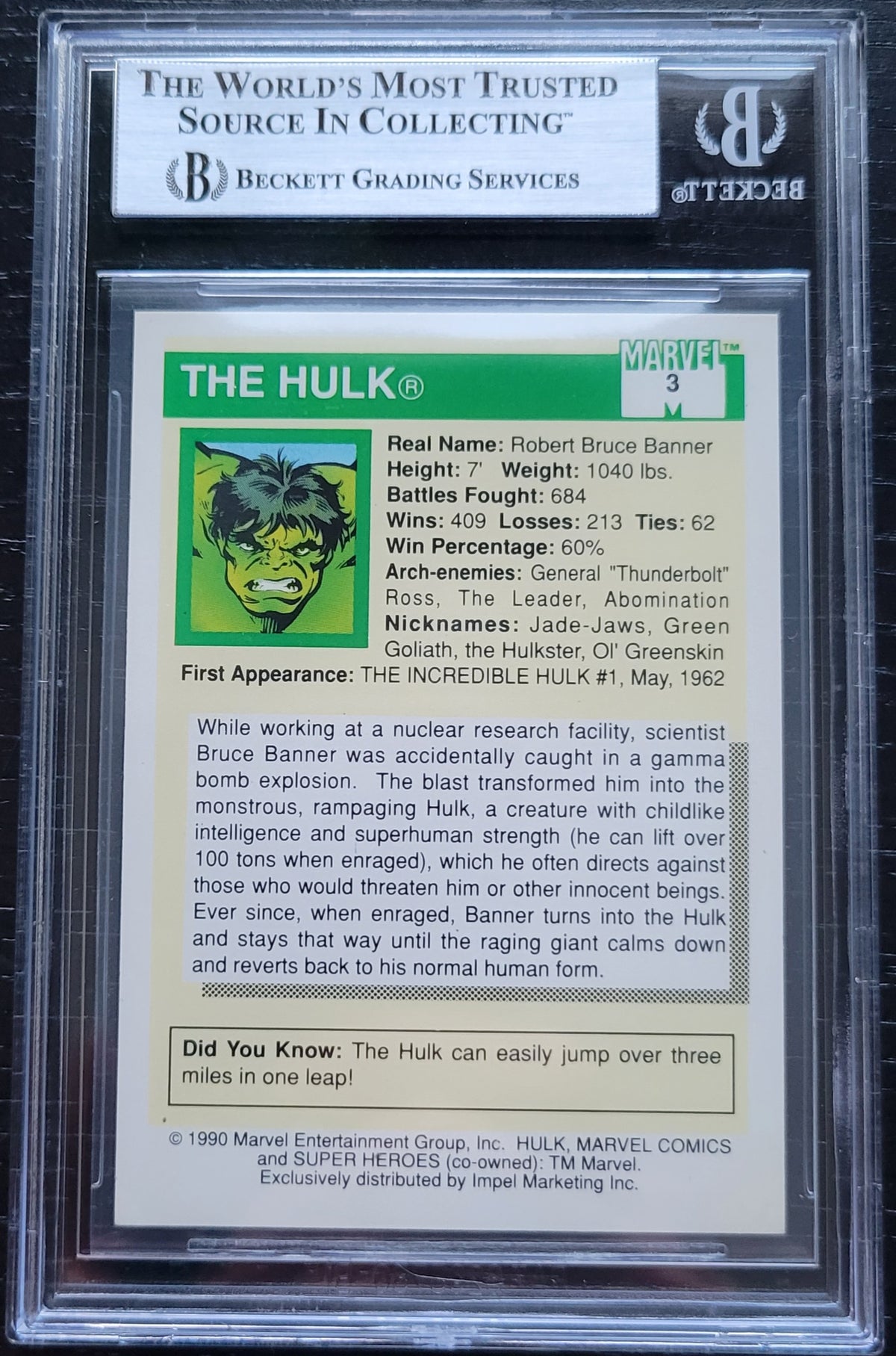 Hulk Mini Card 1st Edition The Incredible HULK Marvel Card #10 BGS Mint 9 Low Pop Fir ...