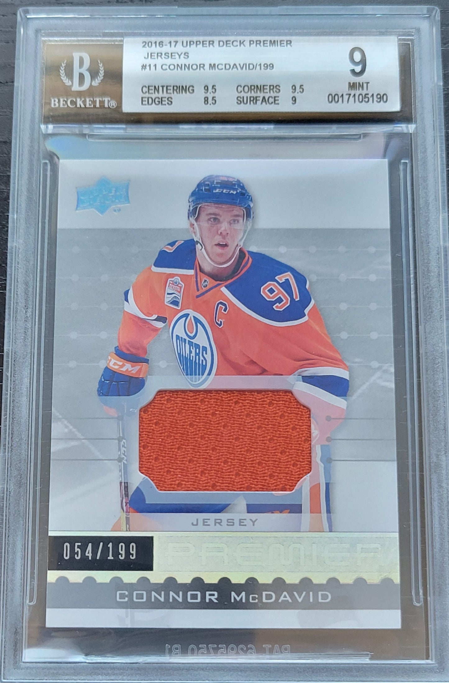 2016 CONNOR MCDAVID ROOKIE PREMIER HOCKEY LIMITED EDITION 54/199 GAME USED PATCH BGS 9 MINT