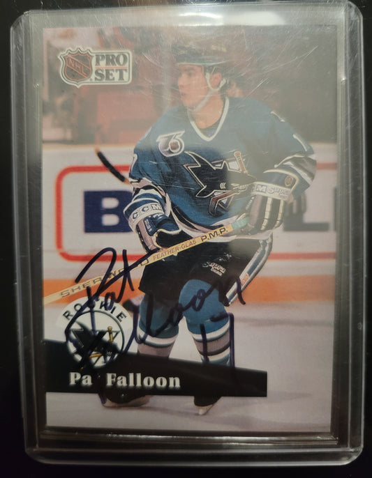 SIGNED ROOKIE PAT FALOON 1990 Edmonton Oilers Pro-Set NHL Hockey Card Great Shape Soft + Top Loader Since New Smoke Pet Free Home Great Collector's