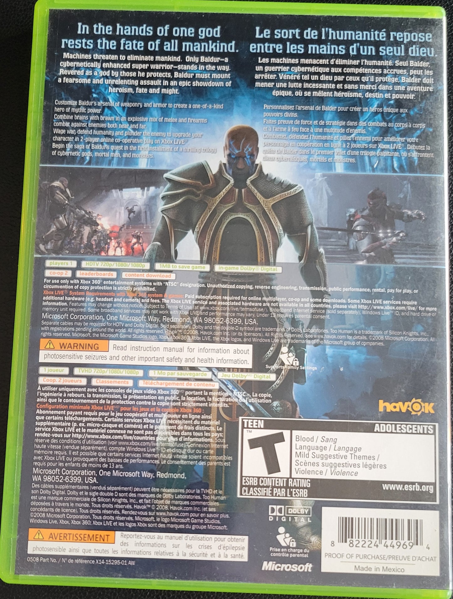 Too Human - Microsoft XBOX 360 - MINTY CIB Pre-Owned Great Shape Tested & Working