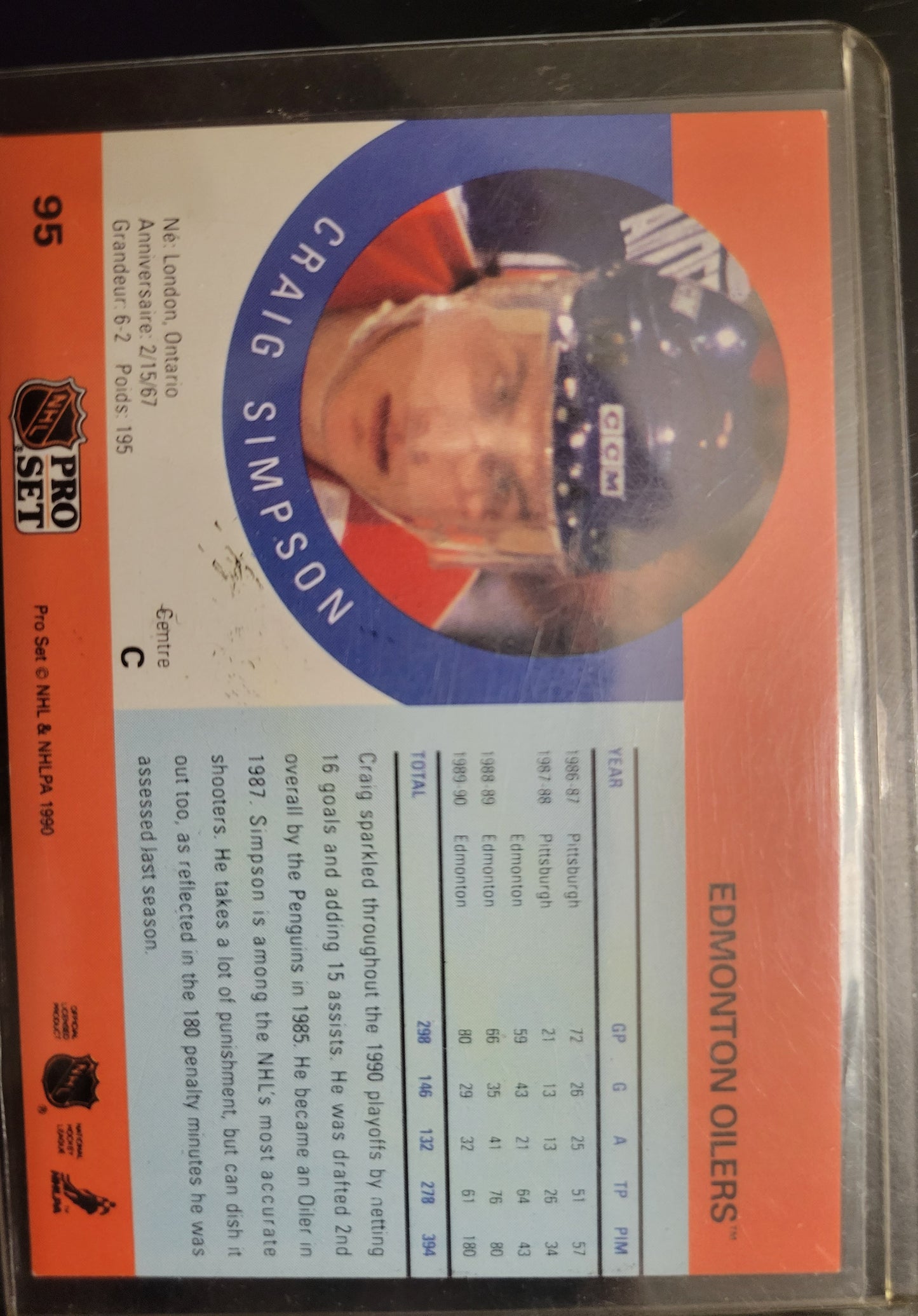 One Of A Kind SIGNED CRAIG SIMPSON 1990 Edmonton Oilers Pro-Set NHL Hockey Card Great Shape Soft + Top Loader Since New Smoke Pet Free Home Great Collector's Piece