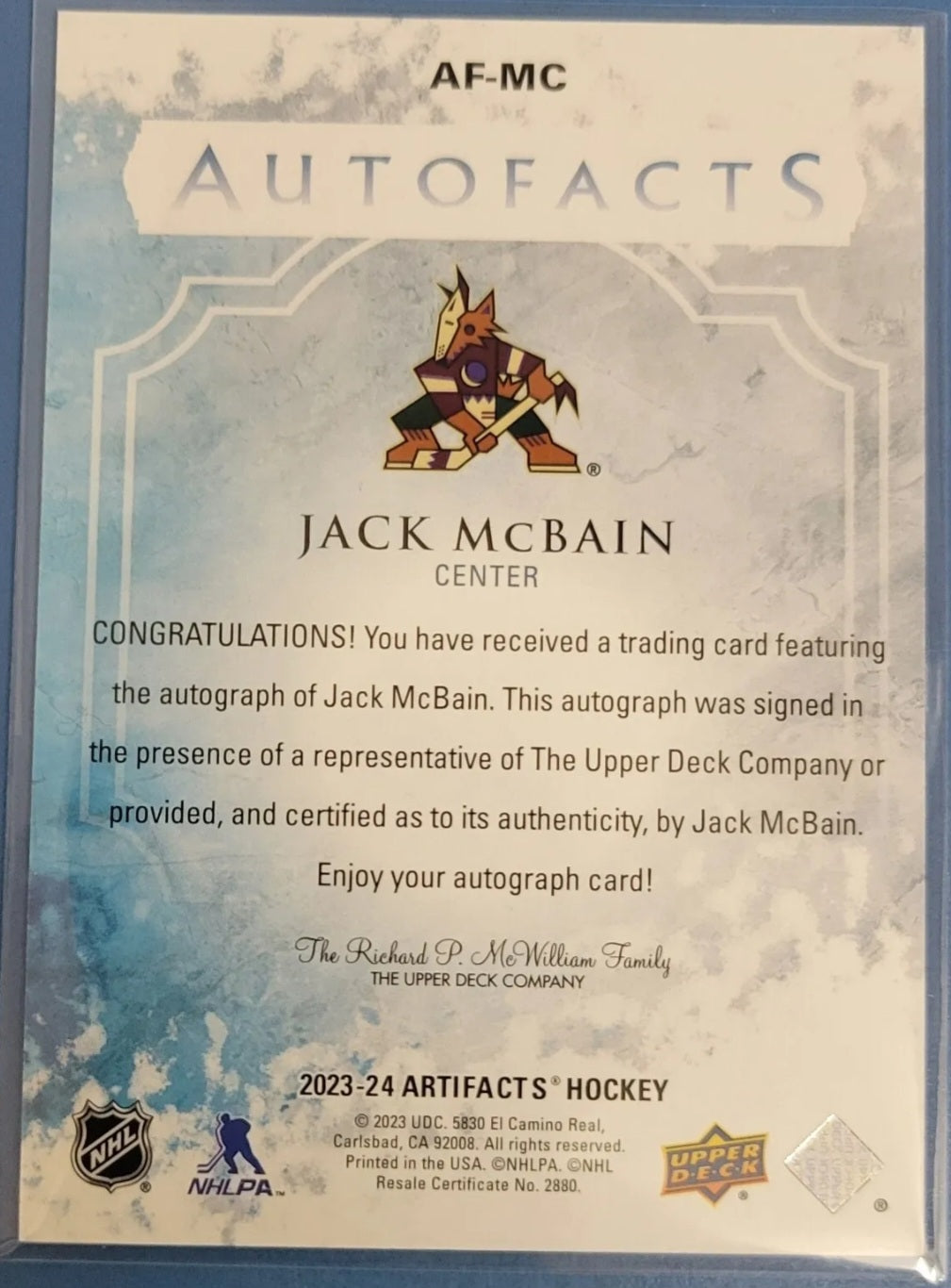 2023 24 Artifacts Auto Facts AUTOGRAPH #AF-MC Jack McBain - Arizona Coyotes MINT