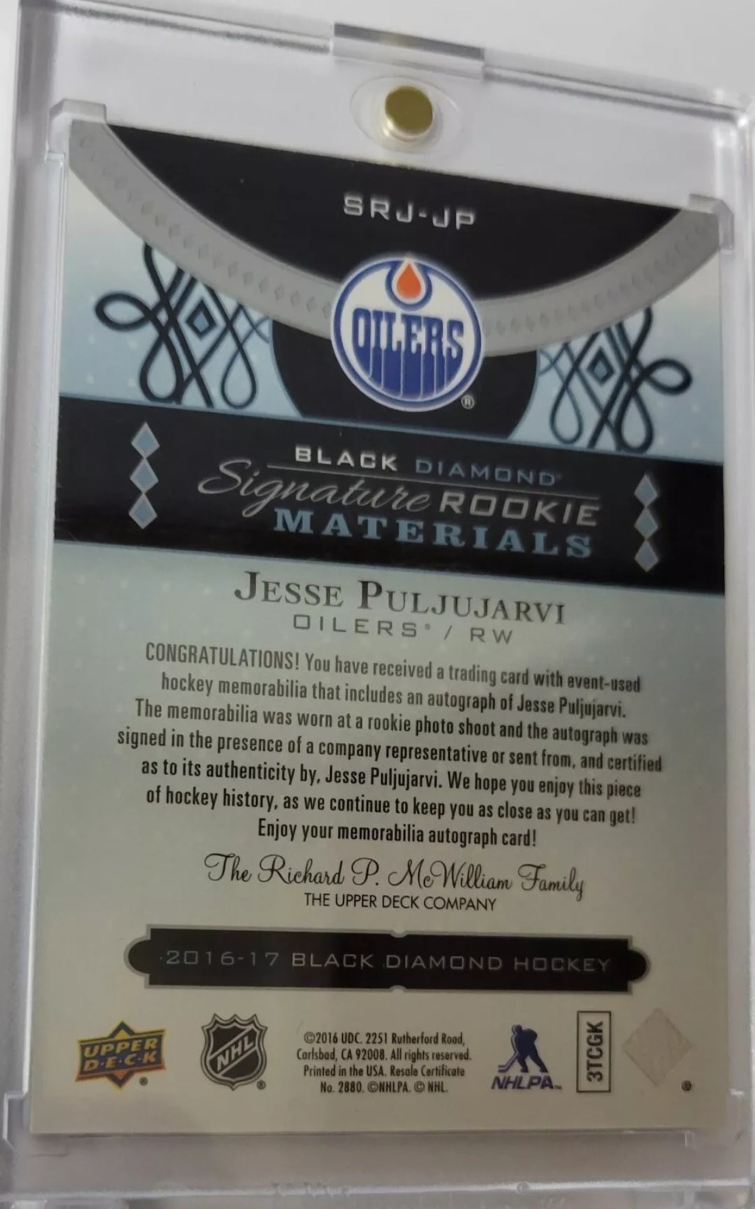 2016 17 JESSE PULJUJARVI BLACK DIAMOND SIGNATURE ROOKIE MATERIALS 34/99 LIMITED!