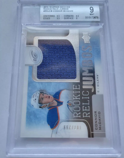 2015 2016 CONNOR MCDAVID ROOKIE RELIC JUMBOS UD ICE 187/299 BGS GRADED 9 MINT