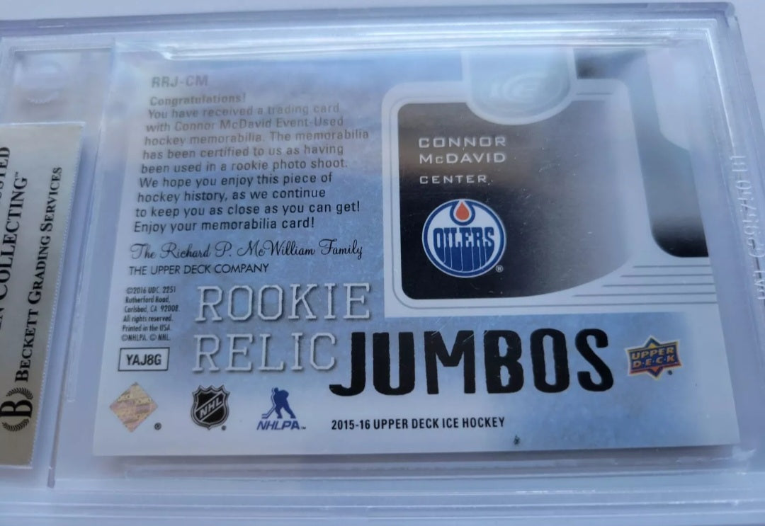 2015 2016 CONNOR MCDAVID ROOKIE RELIC JUMBOS UD ICE 187/299 BGS GRADED 9 MINT