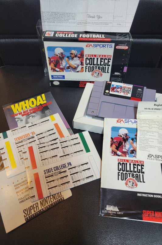 Bill Walsh: College Football + ORIGINAL RECEIPT (SNES) - Super Nintendo Ent. 1993 IMMACULATE Condition FACTORY PLASTIC - (CIB)