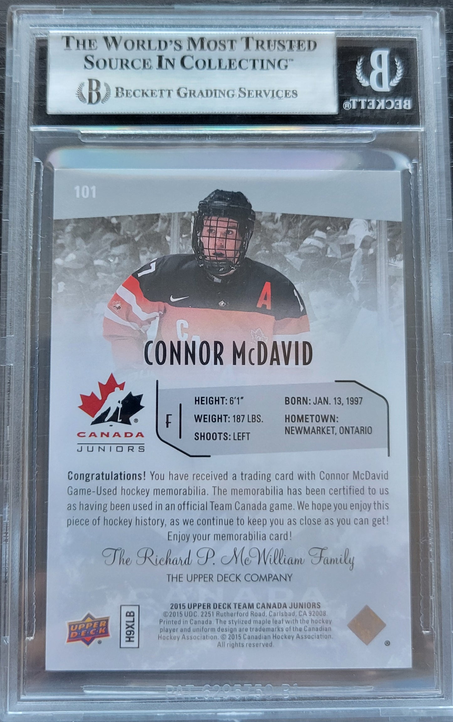 2014 15 CONNOR MCDAVID TEAM CANADA JRS GAME-USED PATCH BGS 9 MINT!!