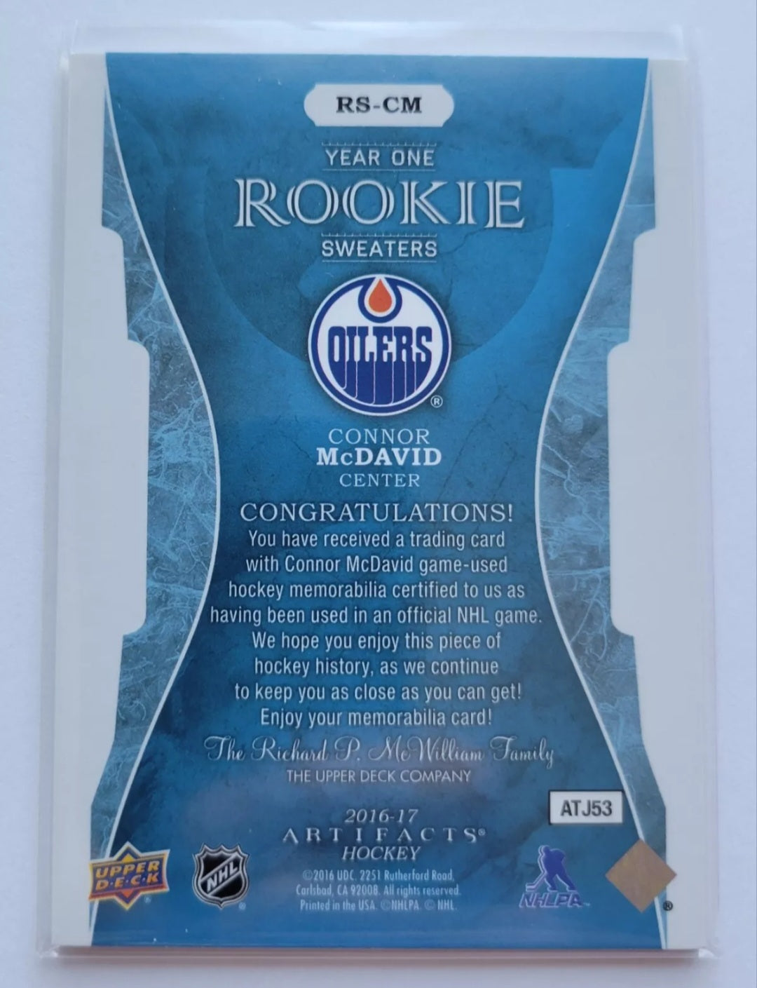 2015 2016 CONNOR MCDAVID ARTIFACTS HOCKEY YEAR ONE ROOKIE SWEATERS GAME USED BGS 9 MINT