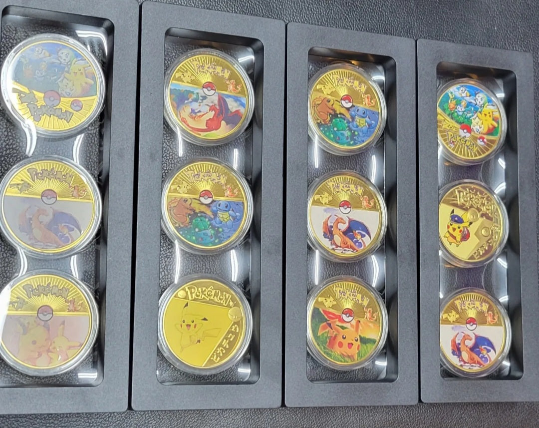 24k Gold Plated Pokémon Coin Set Of 12 Plus Protective Display Case Like New ***