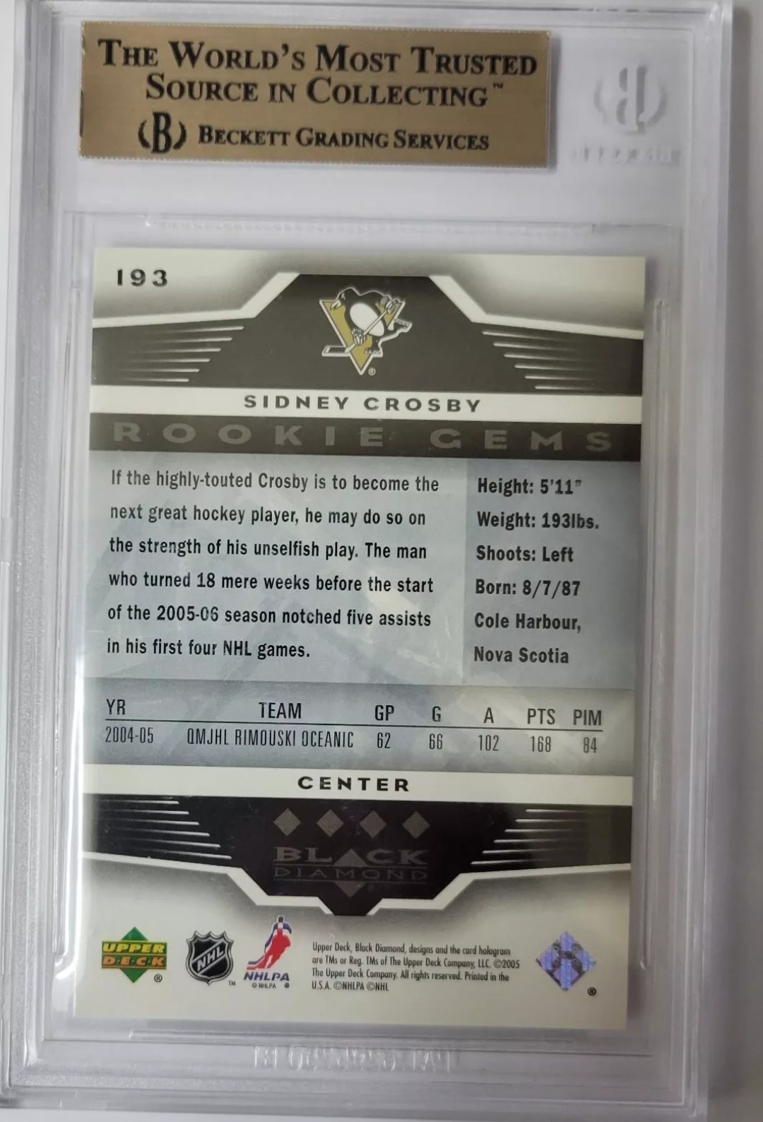 2005 06' Sidney Crosby GEM MINT ROOKIE Upper Deck Black Diamond  Bgs 9.5 Rc 193