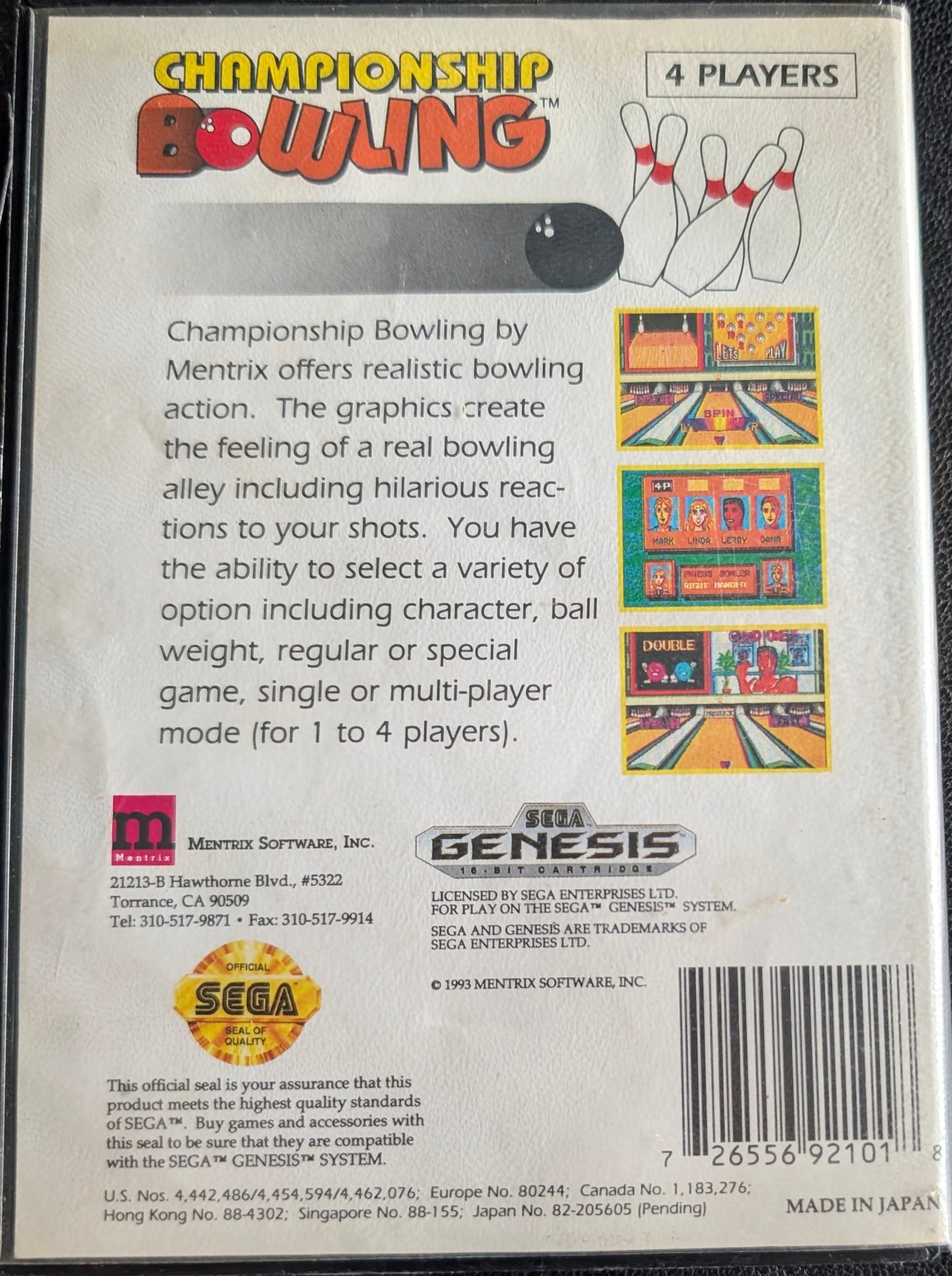 Championship Bowling - CIB (Sega Genesis) | 1993 | Sports / Bowling