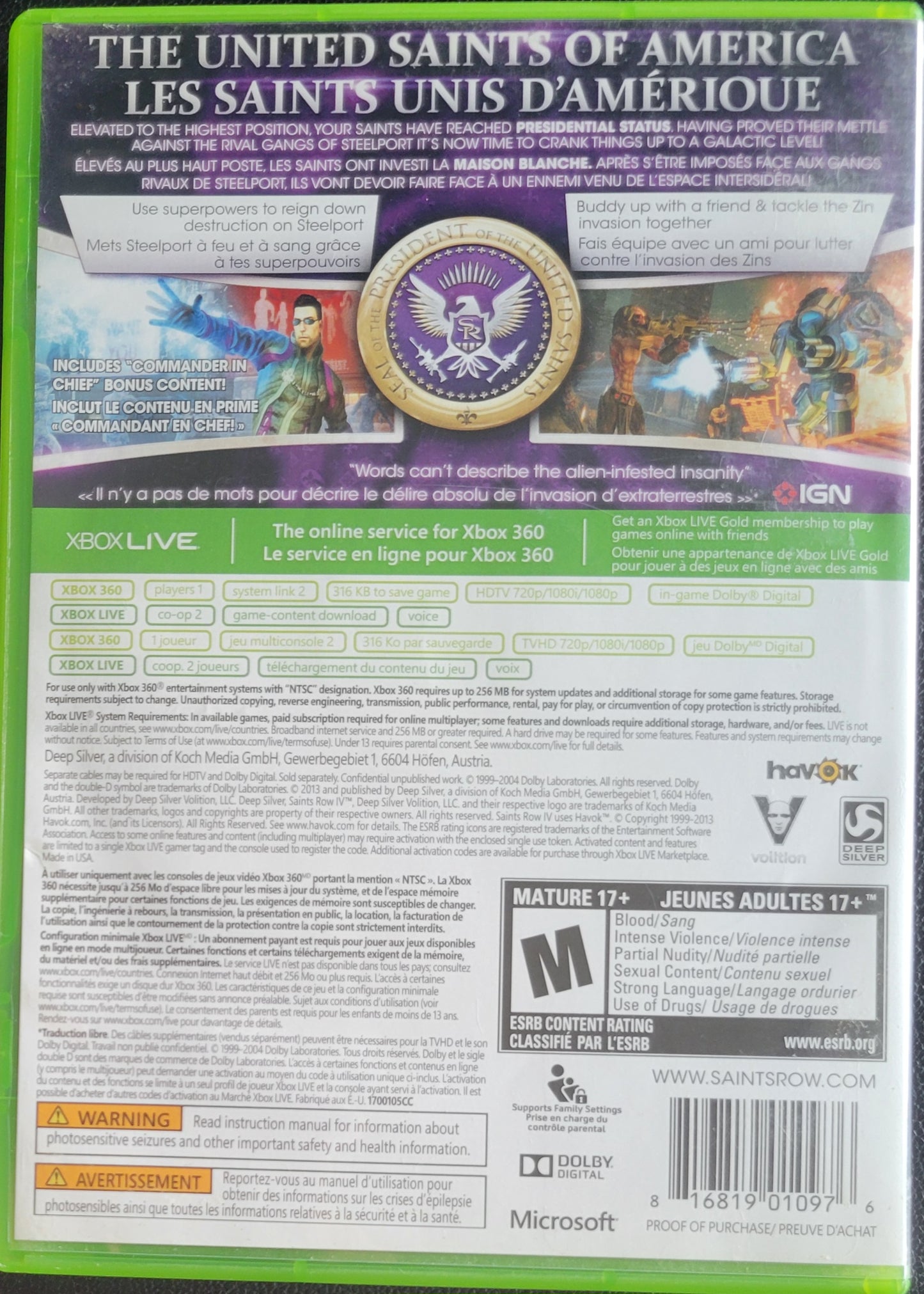 Saints Row IV Commander In Chief EDITION - (CIB) - Microsoft XBOX 360 - Pre-Owned Like New CLEAN DISC