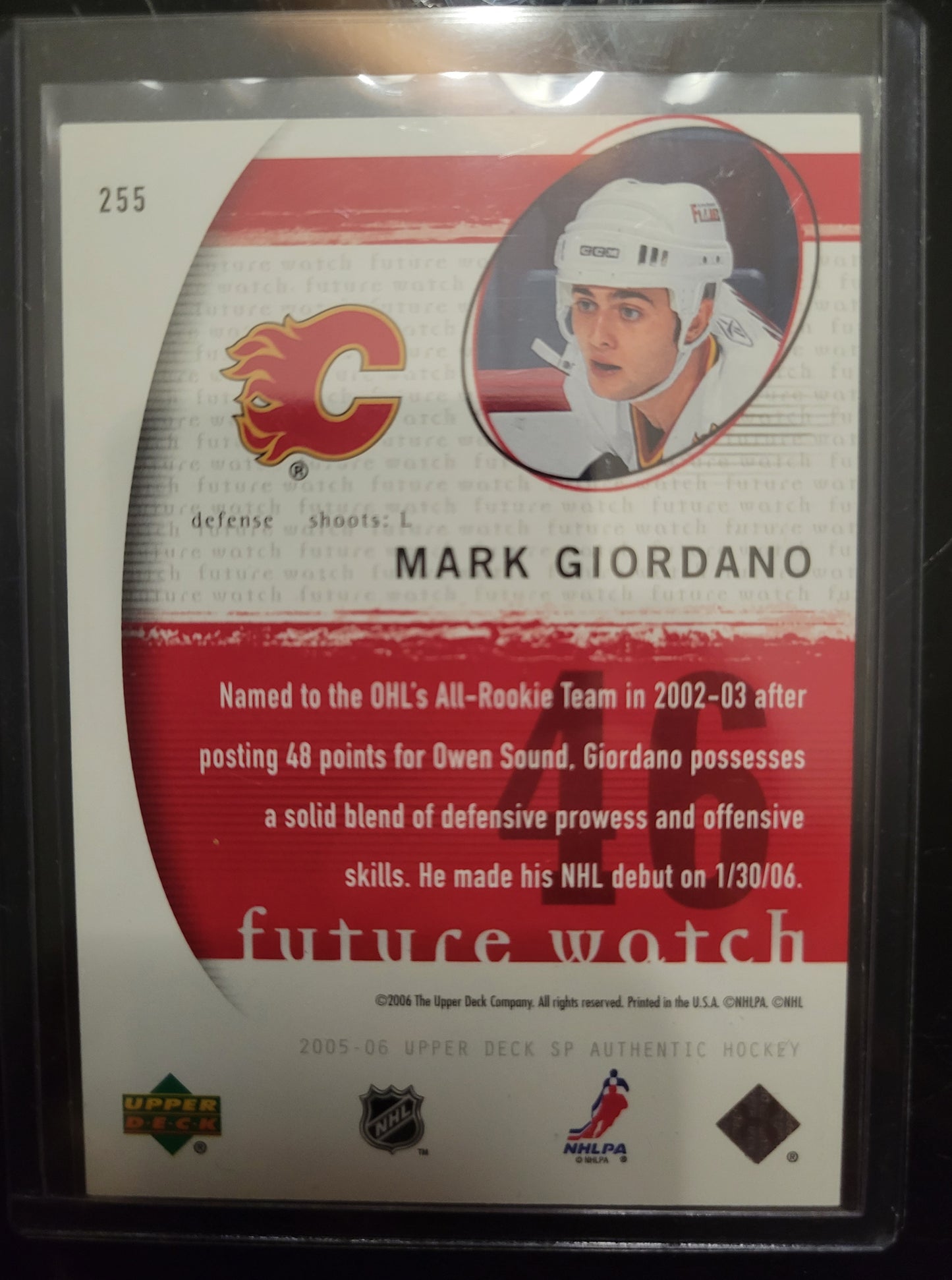 2005 - 06 Mark Giordano FUTURE WATCH 445/1999 UD Upper Deck NHL Hockey Card Great Shape Soft + Top Loader Since New Smoke Pet Free Home Great Collector's